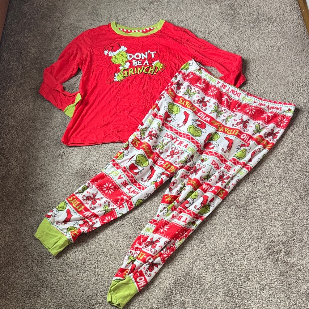 The Grinch Dr Seuss Don't Be A Grinch Christmas Pajama Set Size XL Red Fair Isle